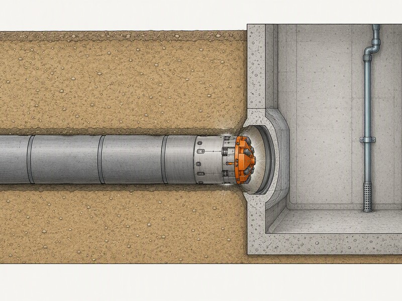 Microtunneling machine breaking in to a sealed reception eye in a shaft wall, with groundwater control and pipe string behind it