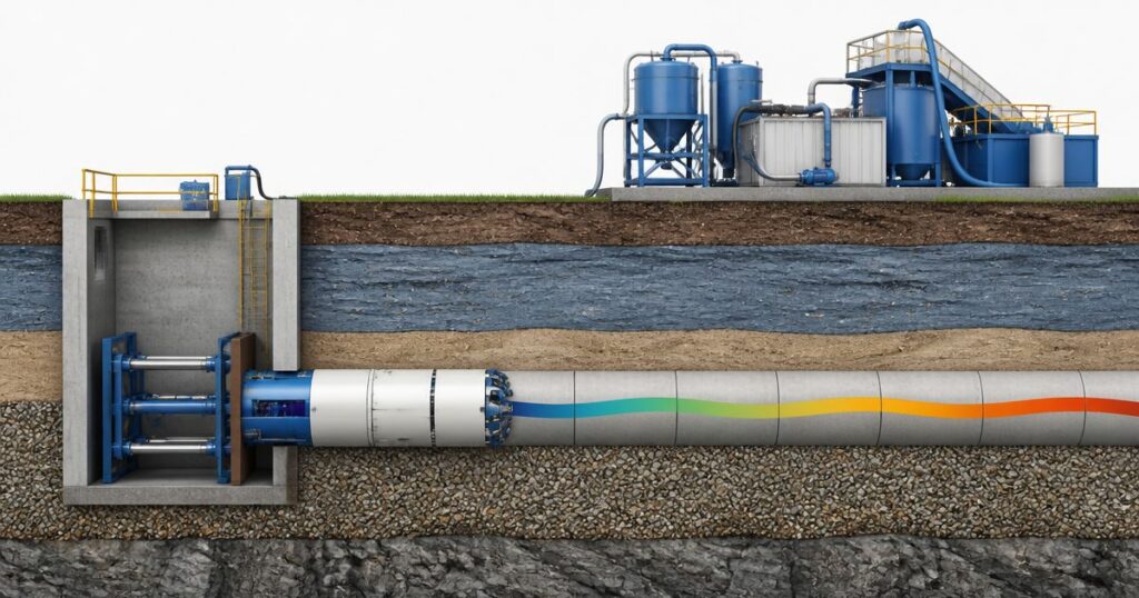 Cross-section of a microtunneling drive showing a launch shaft, jacking frame, slurry separation plant and the per-foot cost band applied along the pipe run