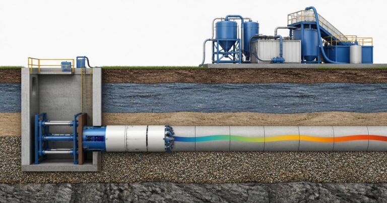 Cross-section of a microtunneling drive showing a launch shaft, jacking frame, slurry separation plant and the per-foot cost band applied along the pipe run