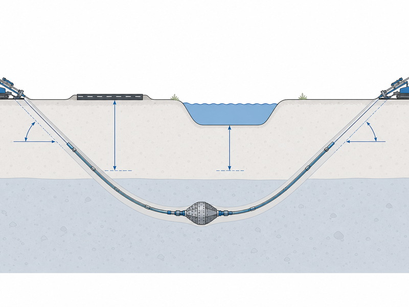 HDD bore-plan profile showing depth of cover, entry and exit angles in the 8-15 degree band, and radius of curvature
