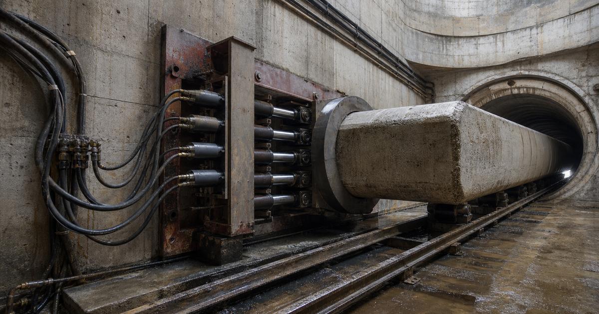 Jacking frame with hydraulic rams and thrust ring set on line and grade in a microtunneling launch shaft in front of a concrete thrust wall, with jacking pipe on guide rails