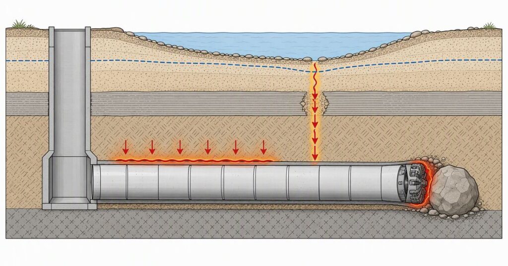 Cutaway diagram of a microtunneling drive showing the failure paths that stop it: a shallow cover zone above the pipe, seepage along a breached clay layer, and a cutterhead blocked by an obstruction