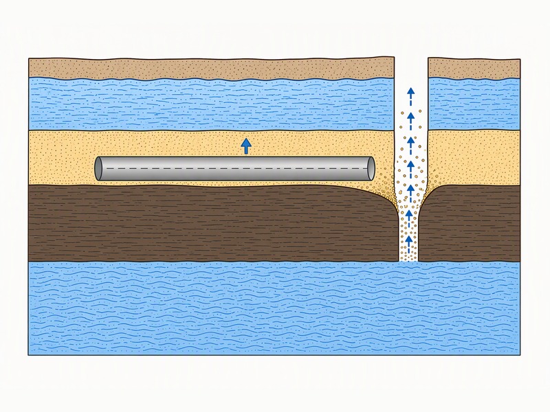 Cross-section showing a buoyant jacked pipe beneath a clay aquitard, with upward seepage through a shaft breach piping sandy soil away from above the pipe and lifting it