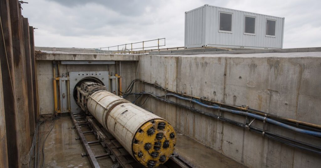 Remote-controlled microtunnel boring machine on line and grade in a launch shaft, with the jacking frame and thrust ring immediately behind it, slurry feed and return lines along the shaft wall, and the surface control container