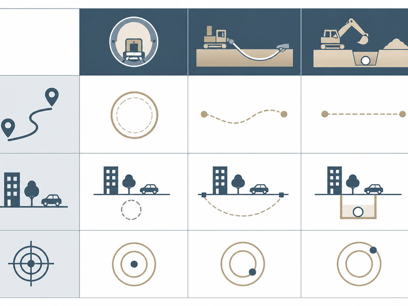 Matrix comparing microtunneling, horizontal directional drilling and open cut for cable, fiber and electrical conduit crossings