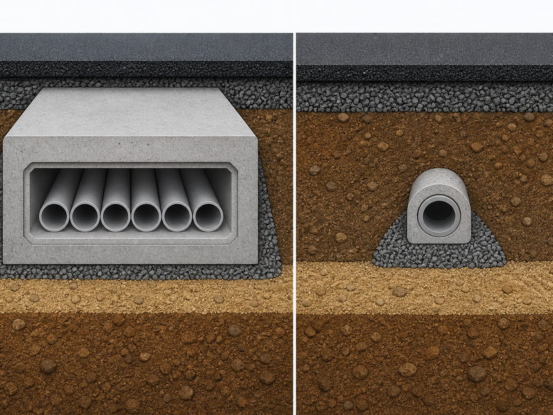 Comparison of a grouped duct bank crossing and a single conduit casing installed by microtunneling below a street
