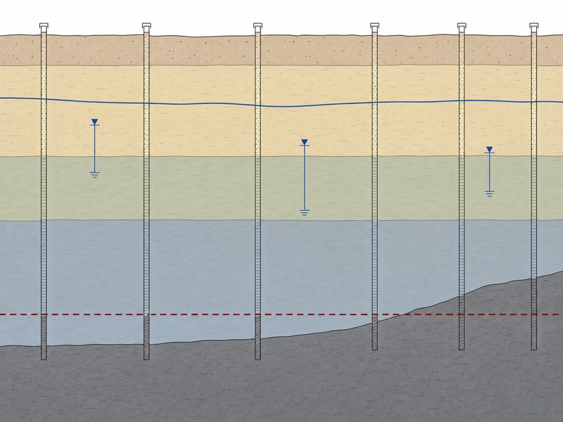 Geotechnical characterisation profile along a microtunneling alignment showing interpreted strata, borehole positions, piezometer levels and the tunnel horizon