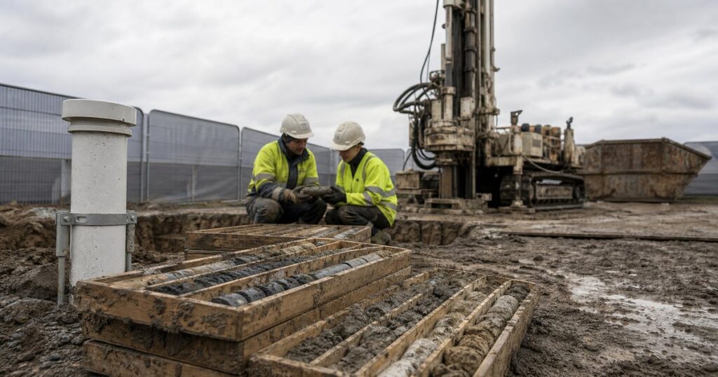 Geotechnical borehole drilling rig beside a microtunneling shaft location, with core boxes and groundwater monitoring equipment