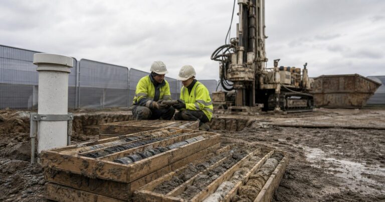 Geotechnical borehole drilling rig beside a microtunneling shaft location, with core boxes and groundwater monitoring equipment