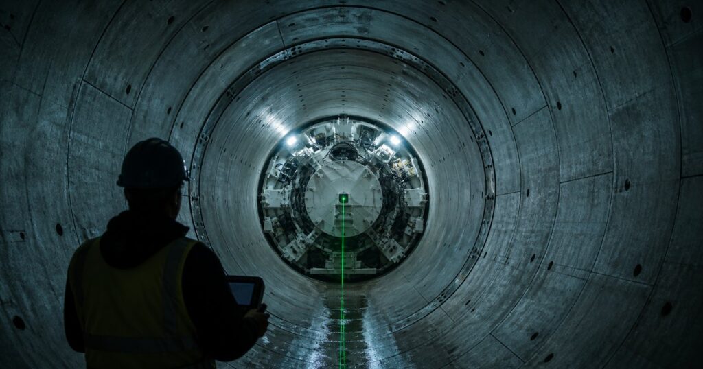 Microtunneling grade control operator monitoring laser guidance inside a jacking pipe