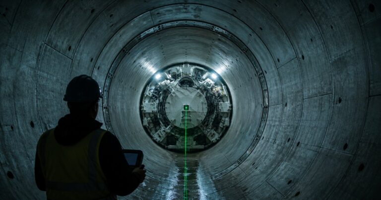 Microtunneling grade control operator monitoring laser guidance inside a jacking pipe