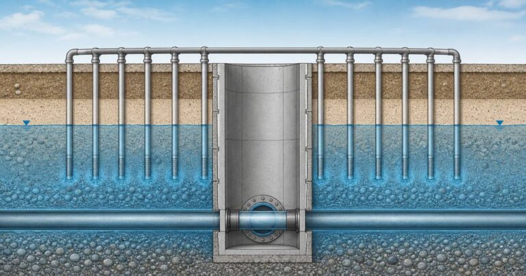 Microtunneling launch shaft with dewatering wells and a sealed entry eye below the water table