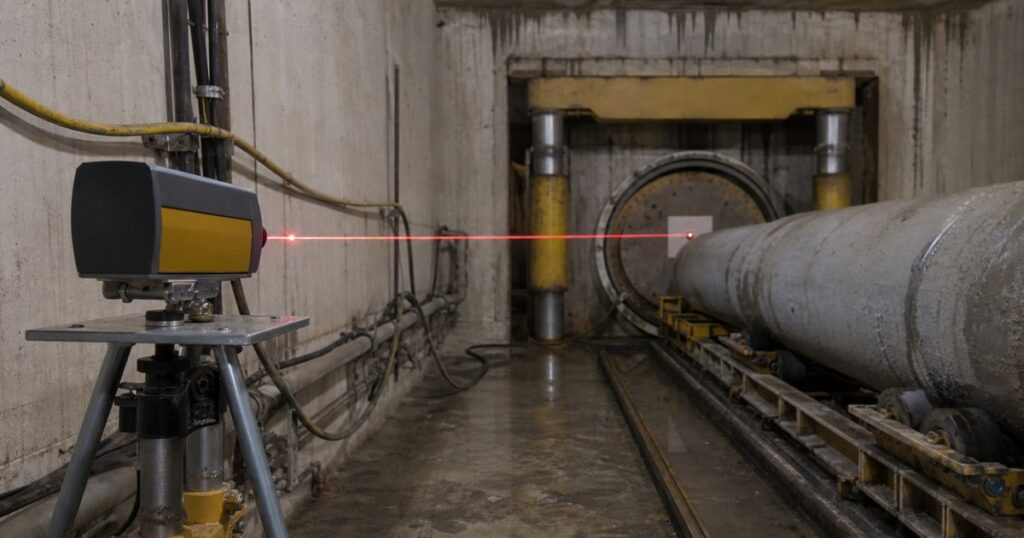 Microtunneling guidance set-up in a launch shaft, showing a laser station on line and grade behind the jacking frame projecting a beam into the tunnel toward the machine target