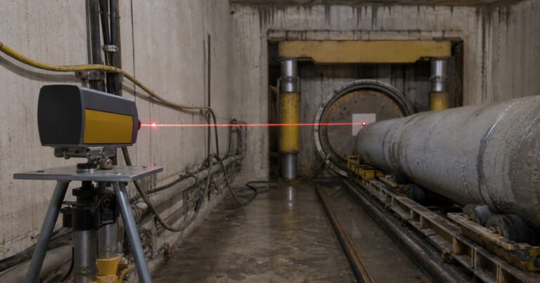 Microtunneling guidance set-up in a launch shaft, showing a laser station on line and grade behind the jacking frame projecting a beam into the tunnel toward the machine target