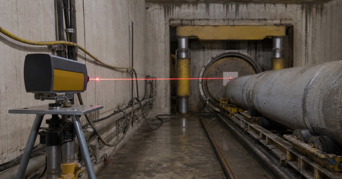 Microtunneling guidance set-up in a launch shaft, showing a laser station on line and grade behind the jacking frame projecting a beam into the tunnel toward the machine target