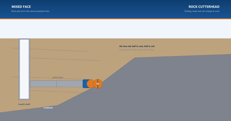 Cross-section of a microtunneling drive entering a mixed face where a rock cutterhead meets layered rock and soil, with jacked pipe and a launch shaft behind the machine