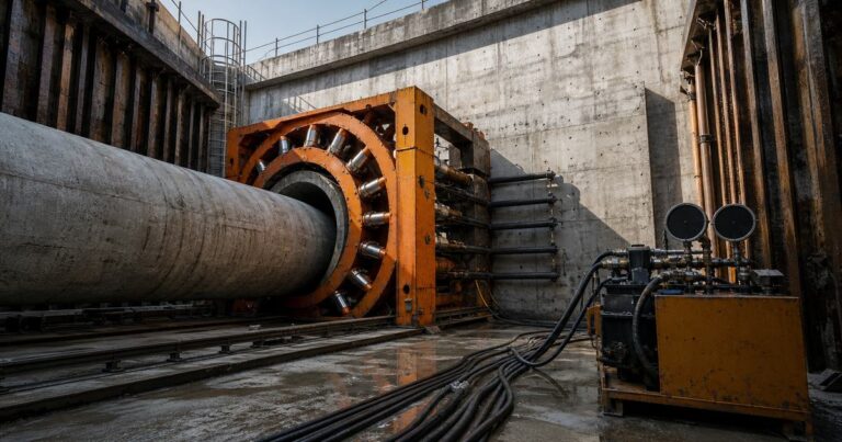 Microtunneling jacking frame and thrust wall in a launch shaft pushing a concrete jacking pipe