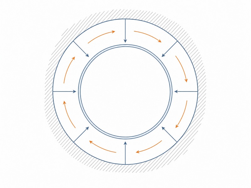 Cross-section of the overcut annulus around a jacking pipe showing the bored diameter larger than the pipe outside diameter
