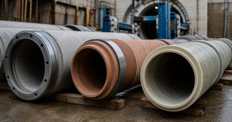 Rows of jacking pipes for microtunneling, including reinforced concrete, vitrified clay and GRP pipe, staged at a launch shaft