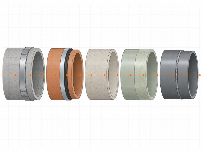 Comparison diagram of microtunneling pipe joint types for reinforced concrete, vitrified clay, polymer concrete, GRP and steel casing