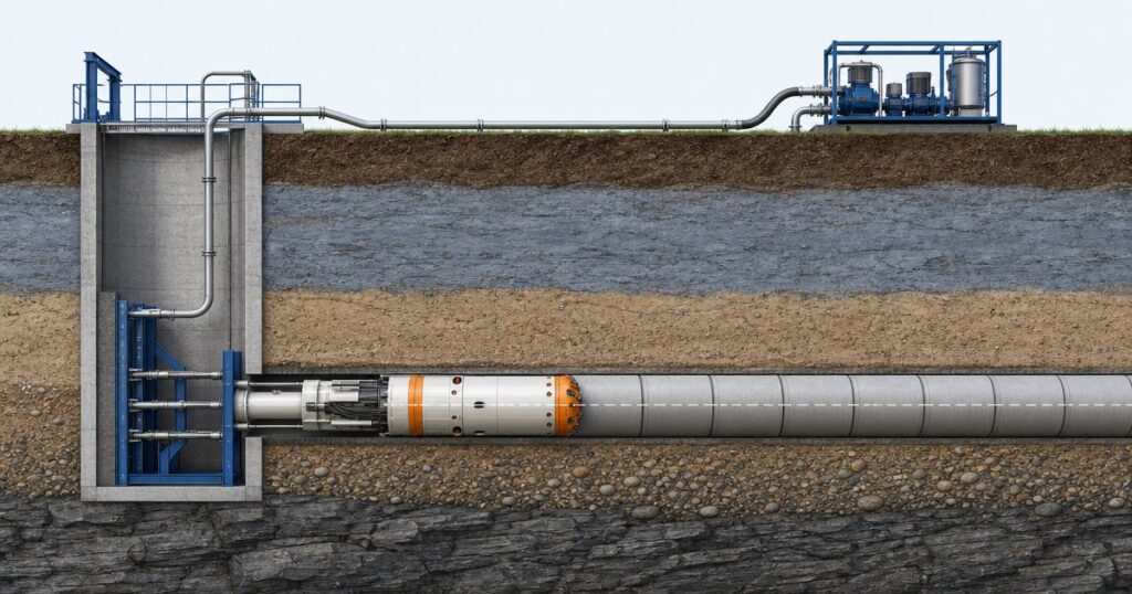 Cross-section of a microtunneling drive showing the machine advancing from a launch shaft with jacked pipe behind it