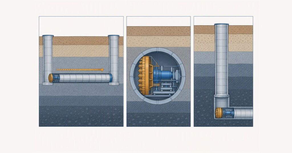 Cutaway diagram comparing three microtunneling record categories: a long single drive between two distant shafts, a very large diameter jacked pipe, and a deep drive reached from a deep shaft
