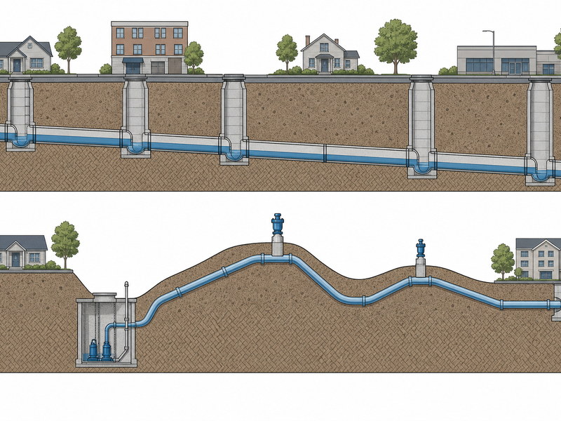 Longitudinal profile comparing a gravity sewer falling at a continuous grade with a pumped force main following terrain