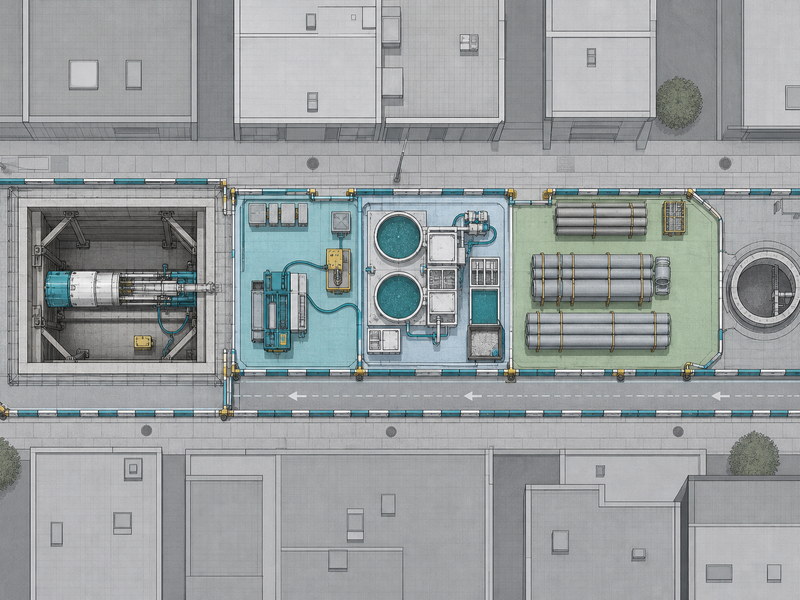 Plan view of an urban microtunneling shaft footprint and permanent manhole within a constrained city street corridor