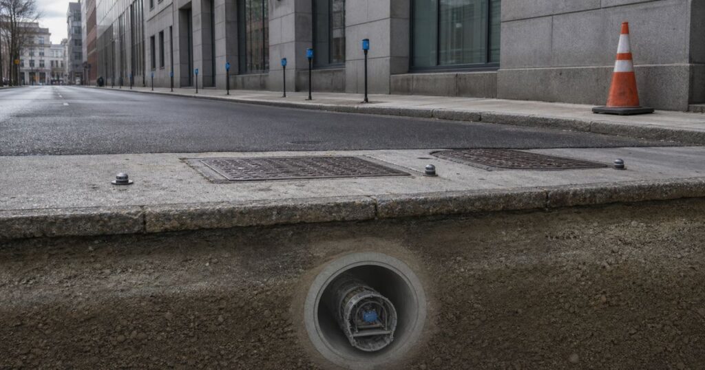 Microtunneling drive beneath an urban road with settlement monitoring points installed at the surface