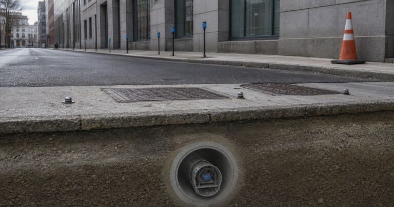 Microtunneling drive beneath an urban road with settlement monitoring points installed at the surface
