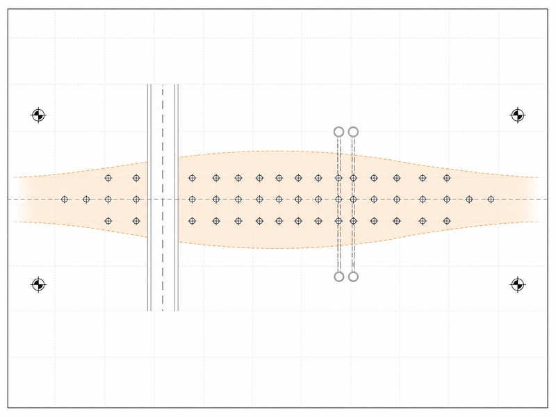 Plan layout of settlement monitoring instruments placed over the predicted settlement trough, with benchmarks outside the zone of influence and key assets marked