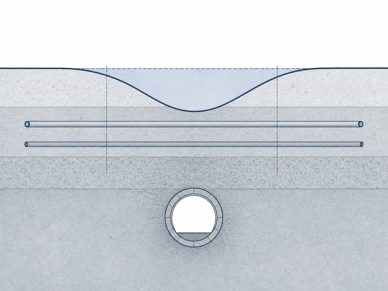 Gaussian settlement trough above a microtunnel showing volume loss, trough width coefficient and the zone of influence over buried services