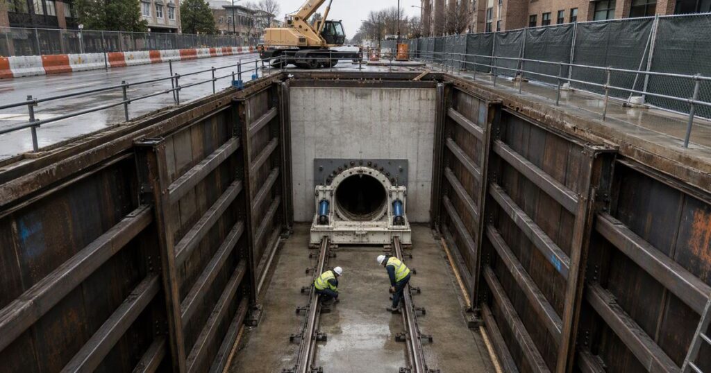 Microtunneling launch shaft under construction with jacking frame and thrust wall visible