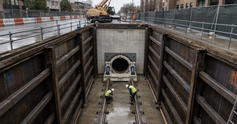 Microtunneling launch shaft under construction with jacking frame and thrust wall visible