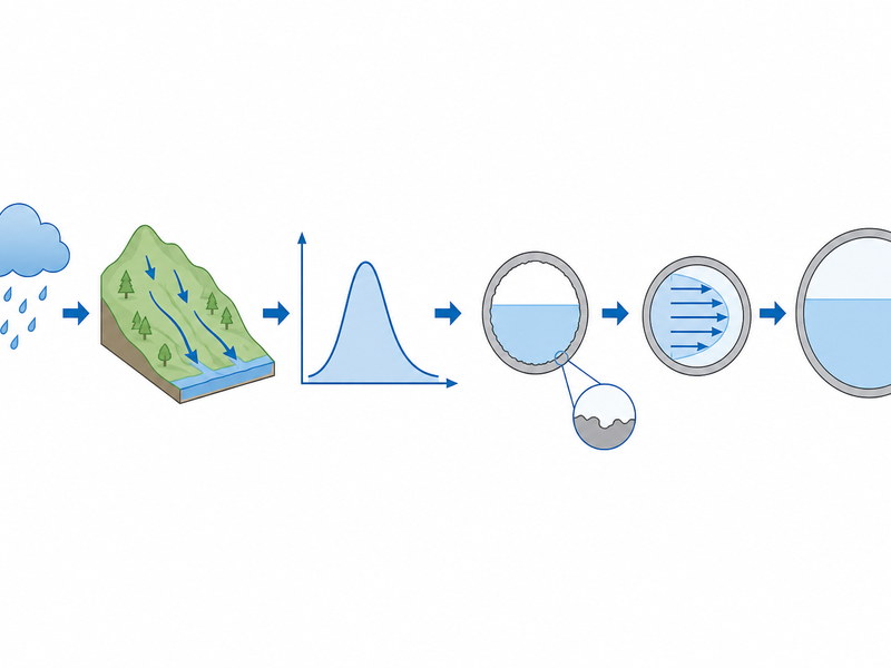 Diagram of the hydraulic chain linking a design storm through runoff, roughness and velocity to the stormwater tunnel diameter