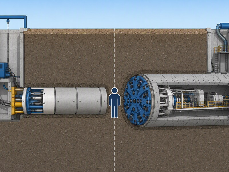 Diagram comparing a microtunneling pipe jacking drive with a segmental TBM tunnel and the manned-entry boundary between them