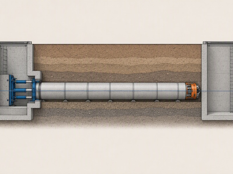 Annotated diagram of a microtunneling drive showing the launch shaft, jacking frame, MTBM, jacking pipe and reception shaft