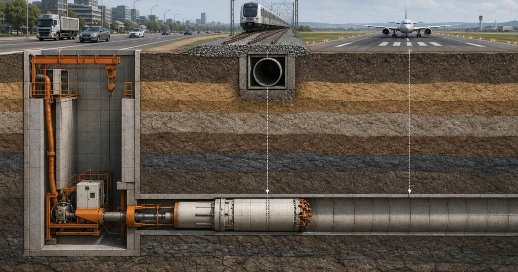 Microtunneling machine launching from a shaft toward a road, railway and runway crossing shown in cutaway