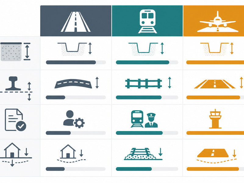 Chart comparing minimum cover, line and grade tolerance, permit authority and settlement limits across road, railway and runway microtunneling crossings