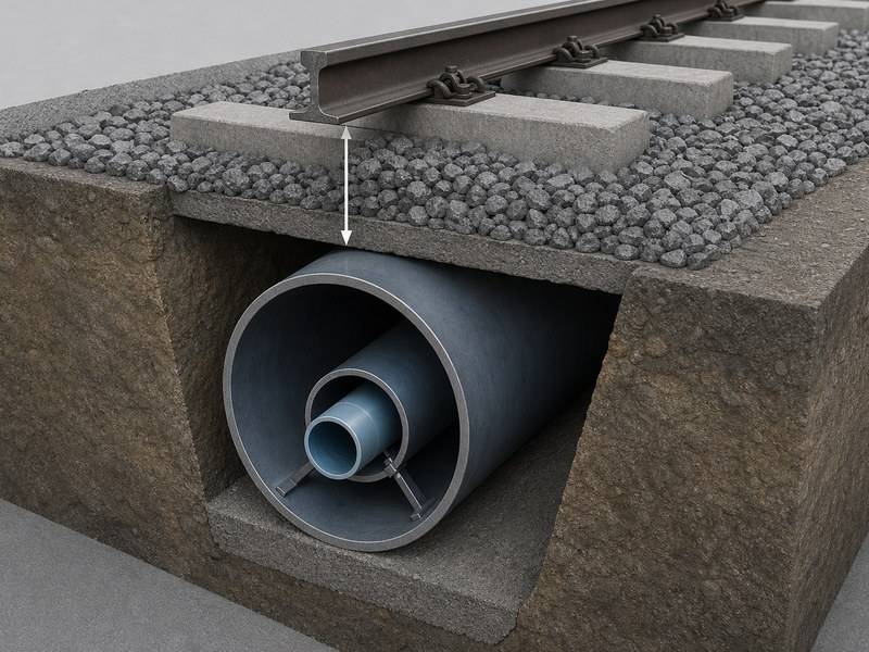 Section detail of a casing pipe installed under a railway, showing the carrier pipe centred inside the steel casing and the clearance below the base of rail