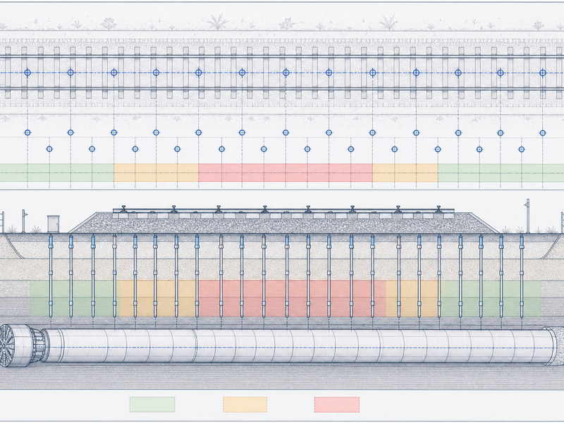 Layout of a settlement monitoring array along a microtunneling alignment under a railway, showing surface points, extensometers and trigger bands