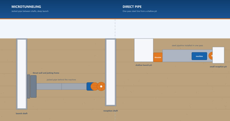 Cross-section comparison of a microtunneling drive jacking pipe between two shafts and a Direct Pipe drive installing a steel pipeline in one pass from a near-surface launch pit