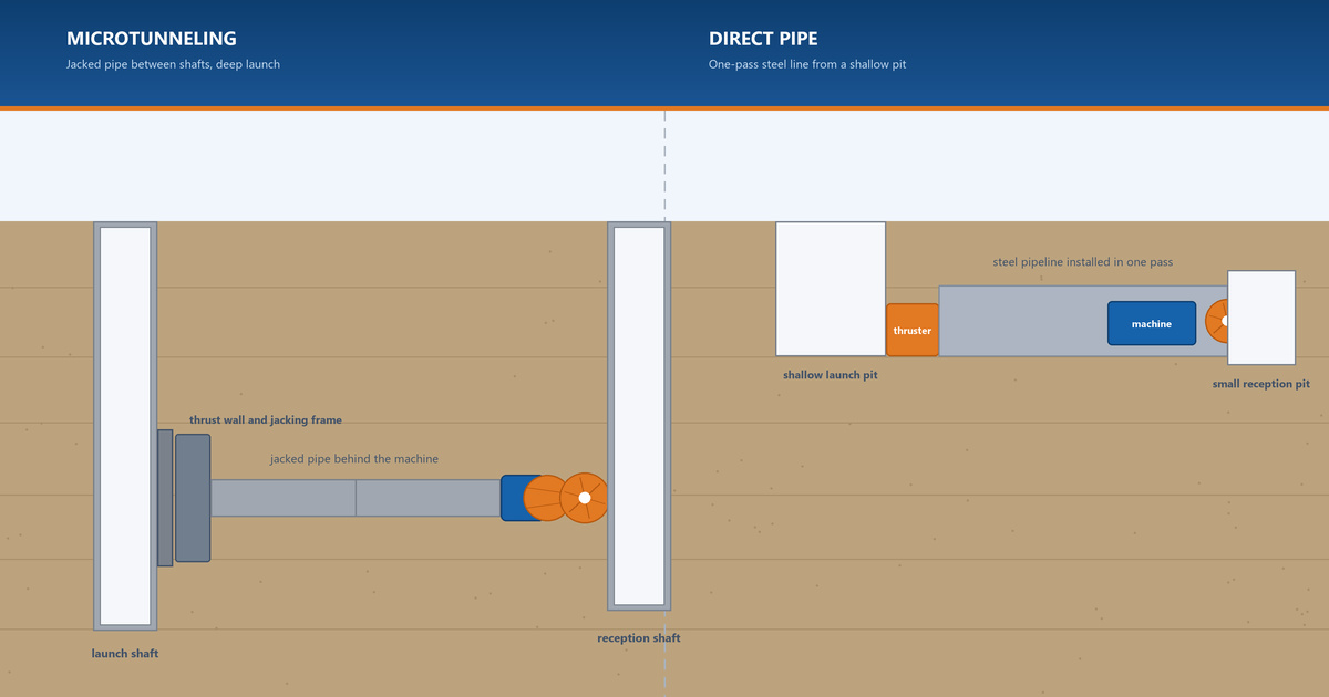 Cross-section comparison of a microtunneling drive jacking pipe between two shafts and a Direct Pipe drive installing a steel pipeline in one pass from a near-surface launch pit