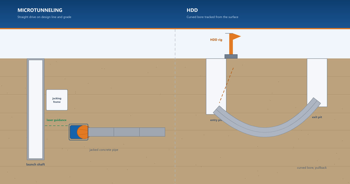 Cross-section comparison of a microtunneling drive advancing straight on grade from a launch shaft and an HDD bore curving between an entry and exit pit