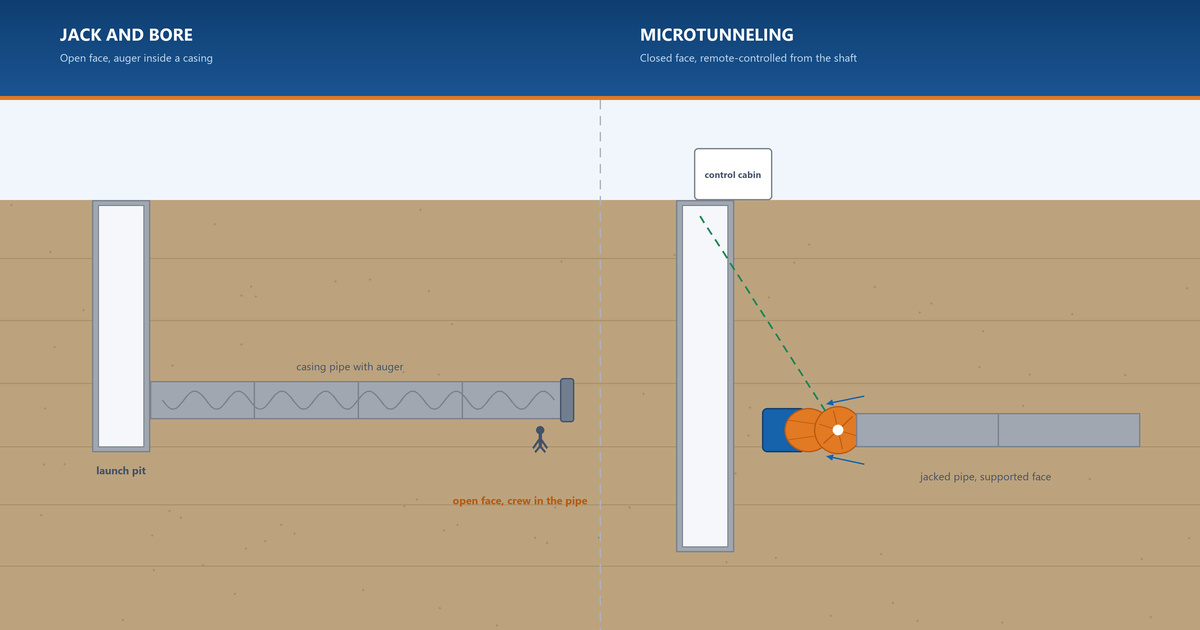 Cross-section comparing a jack and bore drive with an auger inside a casing pipe and a crew at an open face against a remote-controlled microtunneling machine with a supported face and laser guidance