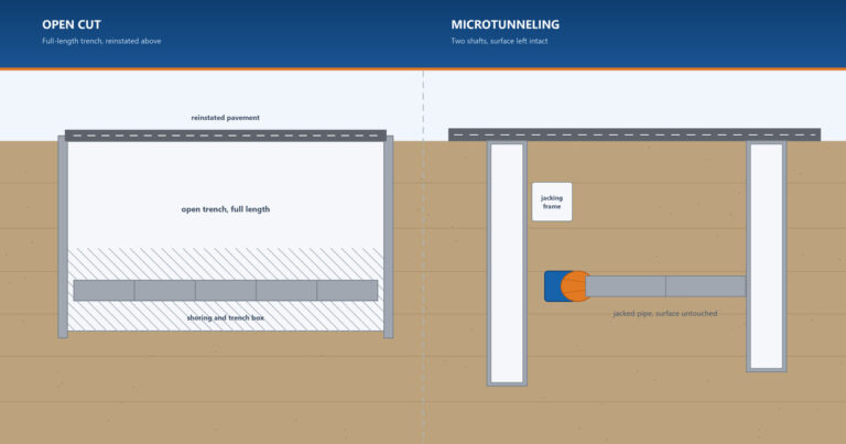 Side-by-side cross-section comparing an open cut excavation trench with reinstated pavement above a line and a microtunneling drive launched between two shafts with the surface left intact