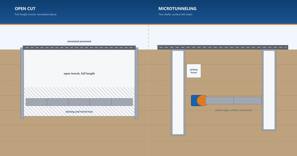 Side-by-side cross-section comparing an open cut excavation trench with reinstated pavement above a line and a microtunneling drive launched between two shafts with the surface left intact