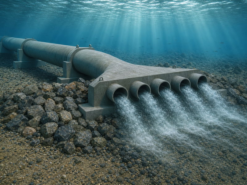 Detail of a multi-port diffuser section being set at the end of a microtunneled outfall pipeline on a riverbed