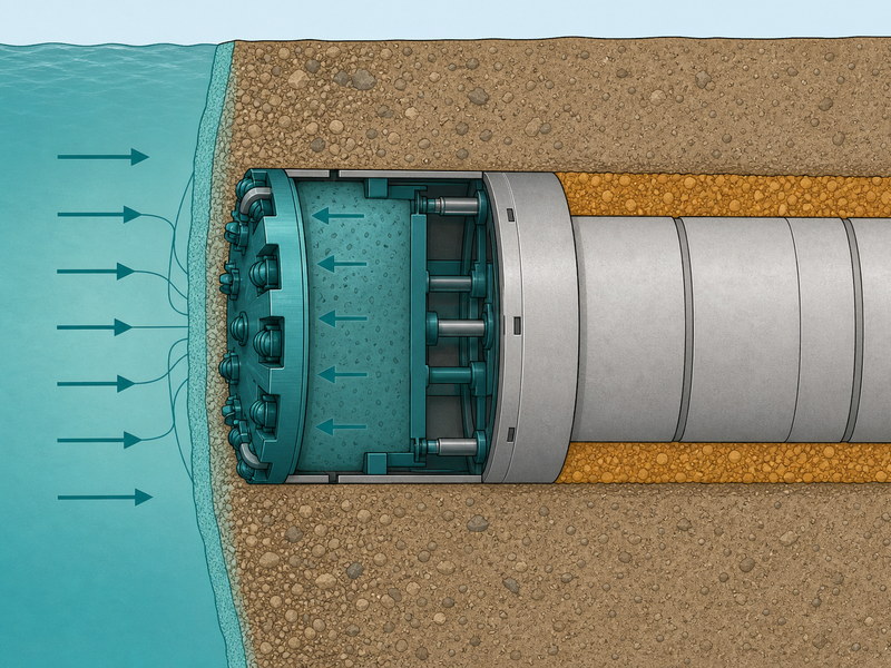 Diagram of a slurry microtunneling machine balancing groundwater with slurry pressure at a submerged riverbed face