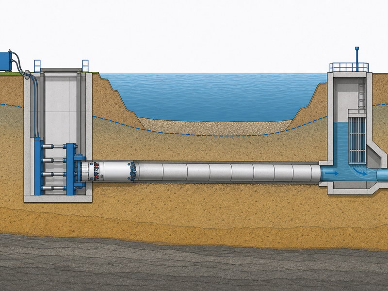 Section through a riverbank showing a microtunneled water transmission main connecting a land shaft to a submerged intake and outfall structure